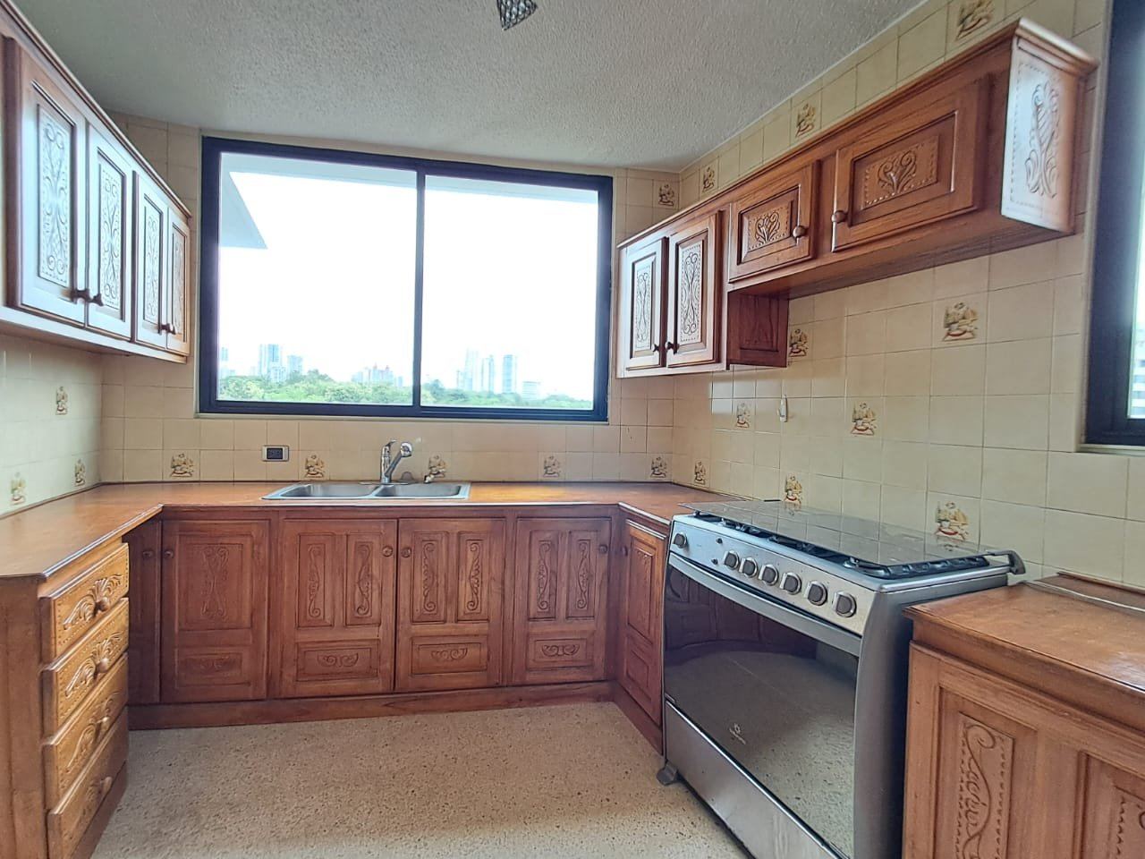 Cocina amplia con gabinetes de madera y estufa a gas